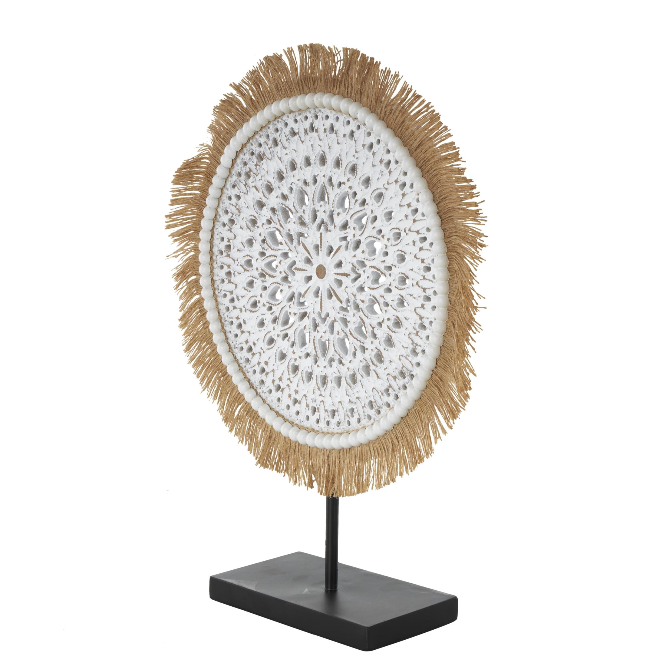 14" x 18" White Wooden Handmade Seagrass Fringed Tribal Sculpture with Black Base, by DecMode