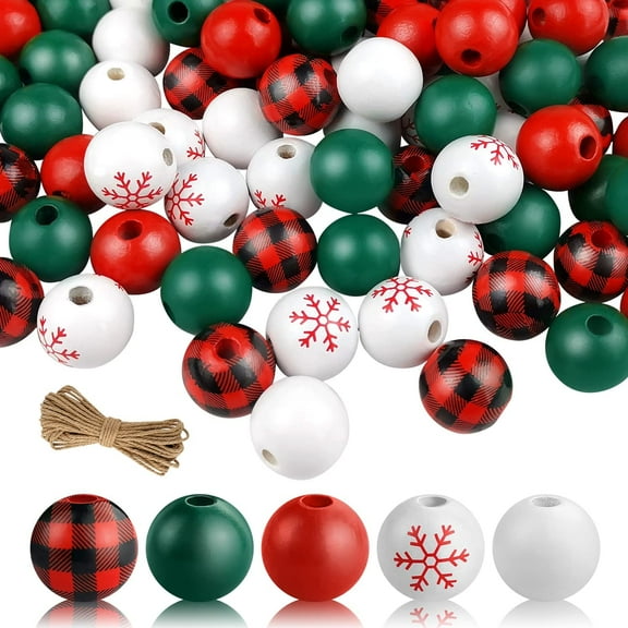 110 Pcs Christmas Wooden Beads, Red Green Buffalo Plaid, Polished Spacer Beads, Colored Wood Beads for Christmas Party Holiday DIY Crafts Garland Jewelry Making