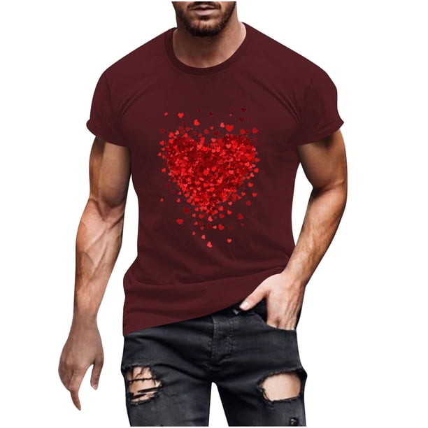 Camisetas de Manga Larga para Hombres, Camiseta de Manga Corta de Fitness de Impresión Del Día de San Valentín, Mezcla de Algodón Casual