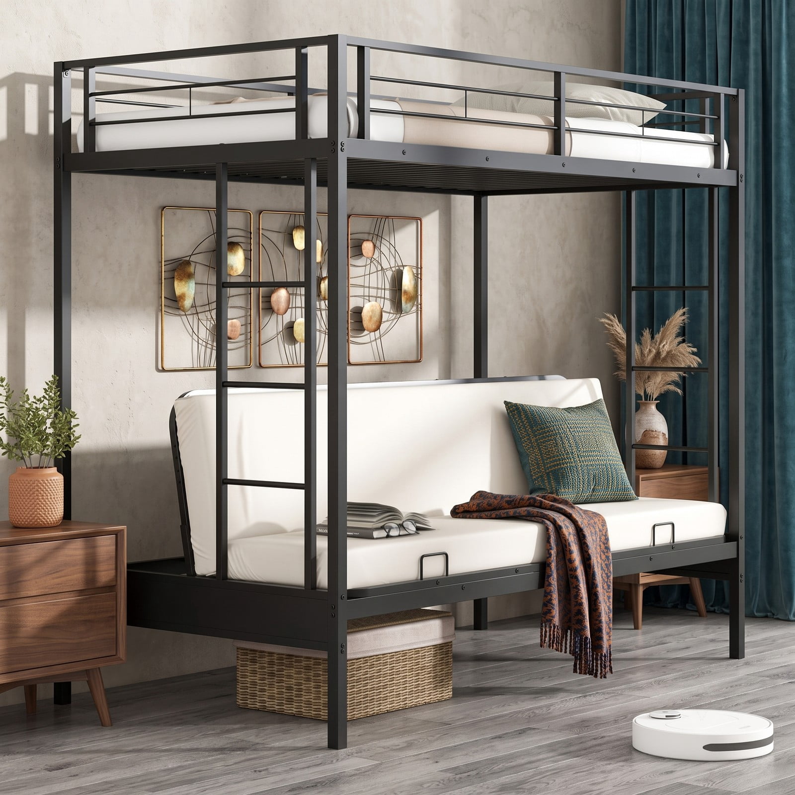 Furnibear Twin Over Futon Metal Bunk Bed with Convertible Sofa 2 Ladders and Guardrails for Guest Rooms and Dorms, Black