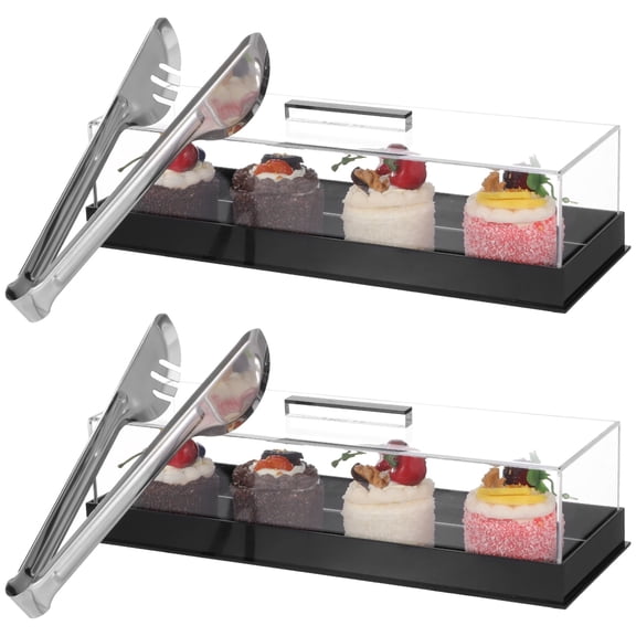 2 Pcs Rectangular Acrylic Cake Stand with Lid, 14 in Serving Tray with Lid and Handle, Black Base Pastry Display Case with 2 Pcs Stainless Steel Serving Tongs
