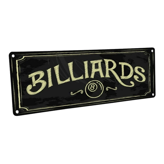 Billiards 4"x12" Metal Sign, Wall Décor for Mancave, Den, and Gameroom