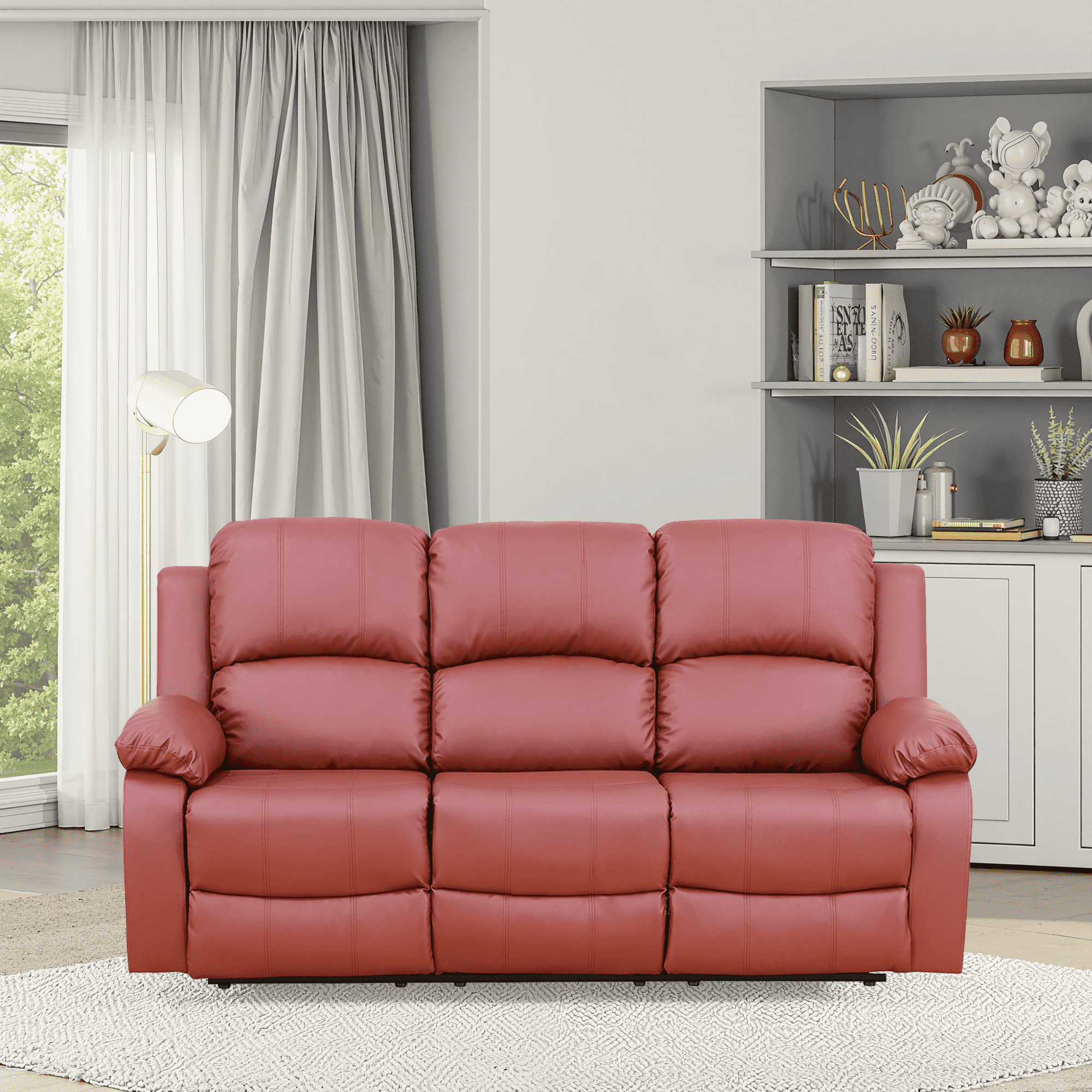 MAYEERTY Power Reclining Sofa, Electric 3-Seat Leather Recliner with Reversible Coffee Table for Living Room, Red