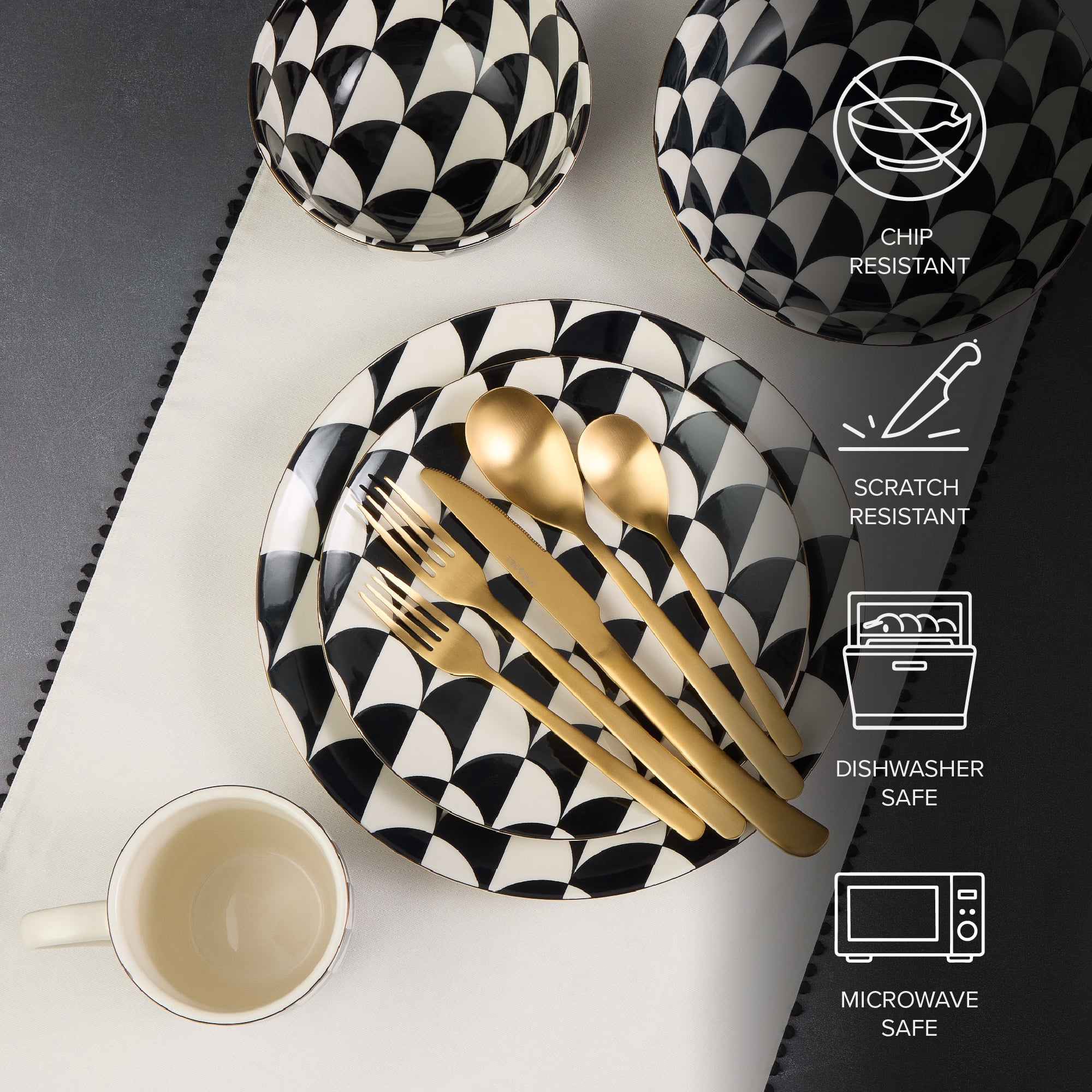 Thyme & Table 60-Piece Emmett Dinnerware & Gold Flatware Set