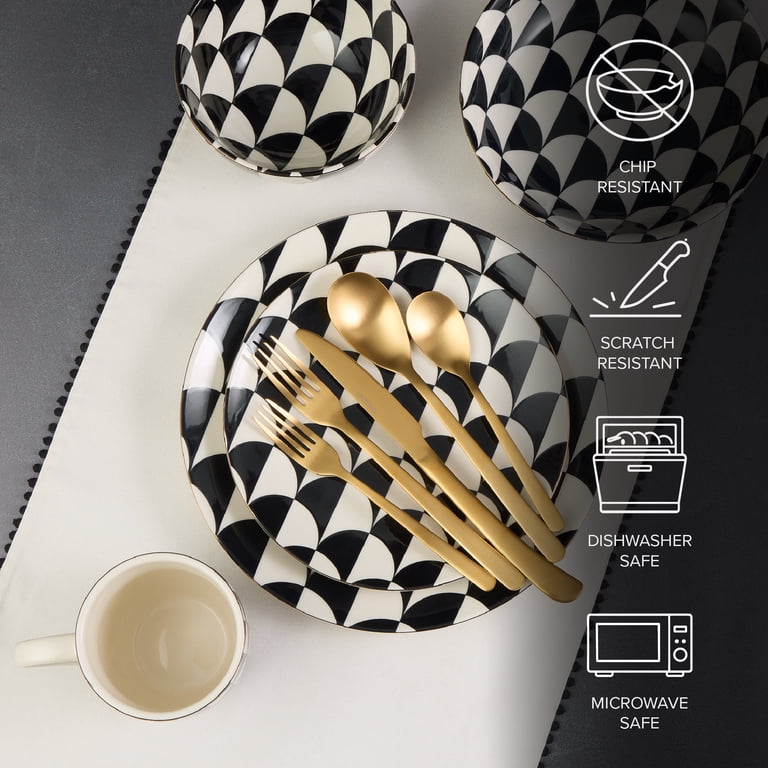 Thyme & Table 60-Piece Emmett Dinnerware & Gold Flatware Set