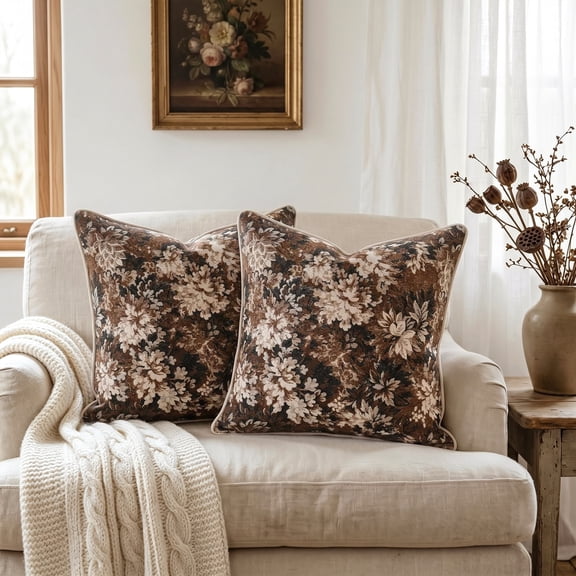 Fancy Homi Set of 2 Vintage Brown Bold Floral Chenille Decorative Throw Pillow Covers 18x18 Inch for Couch Sofa Bed Living Room, Square Boho Rustic Farmhouse Accent Soft Cushion Case Home Décor