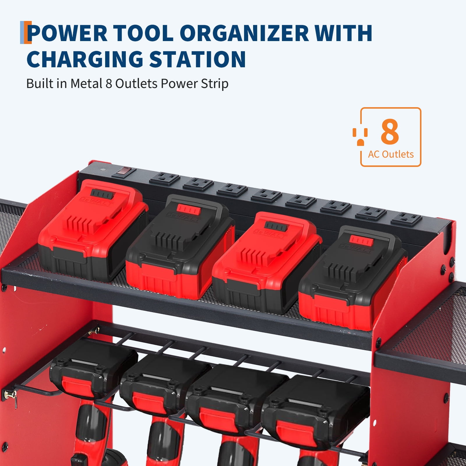 Ataucjin Heavy Duty Wall Mount Tool Organizer Rack, 3-Tier Metal Garage Storage with 8 Drill Slots & Hooks, 240 Lbs Capacity Power Tool Organizer for Workshop, Garage, Gift for Men