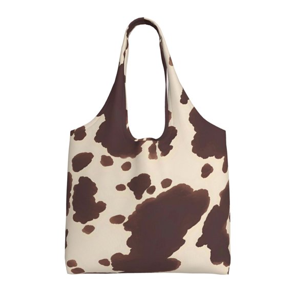 Large-Capacity Canvas Shoulder Bag Tote Bag Ideal For Shopping Groceries Travel Storage And Everyday Use Dark Brown Cow Pattern