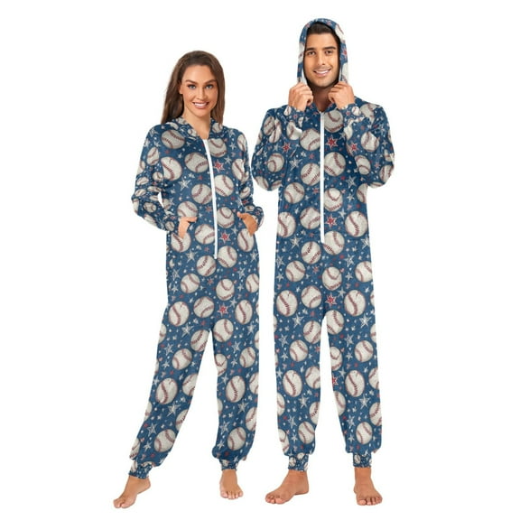 Adult Christmas Onesie Sports Retro Baseball Adult Zipper One-Piece Pajamas Unisex Pajamas with Pockets