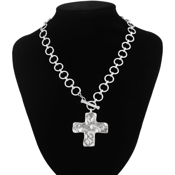 Chunky Gold Cross Necklace for Women - Layered Hammered Cross Pendant Statement Necklace with Vintage Toggle Clasp, Bold Faith Jewelry Gift