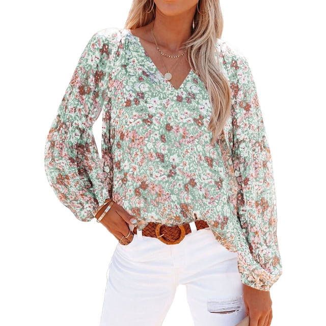 Blouse à Manches Longues Décontractée pour Femmes, Charmante Blouse à Manches Longues à Imprimé Floral pour des Vacances de Fête Verte, Rose, Blanche, Colorée