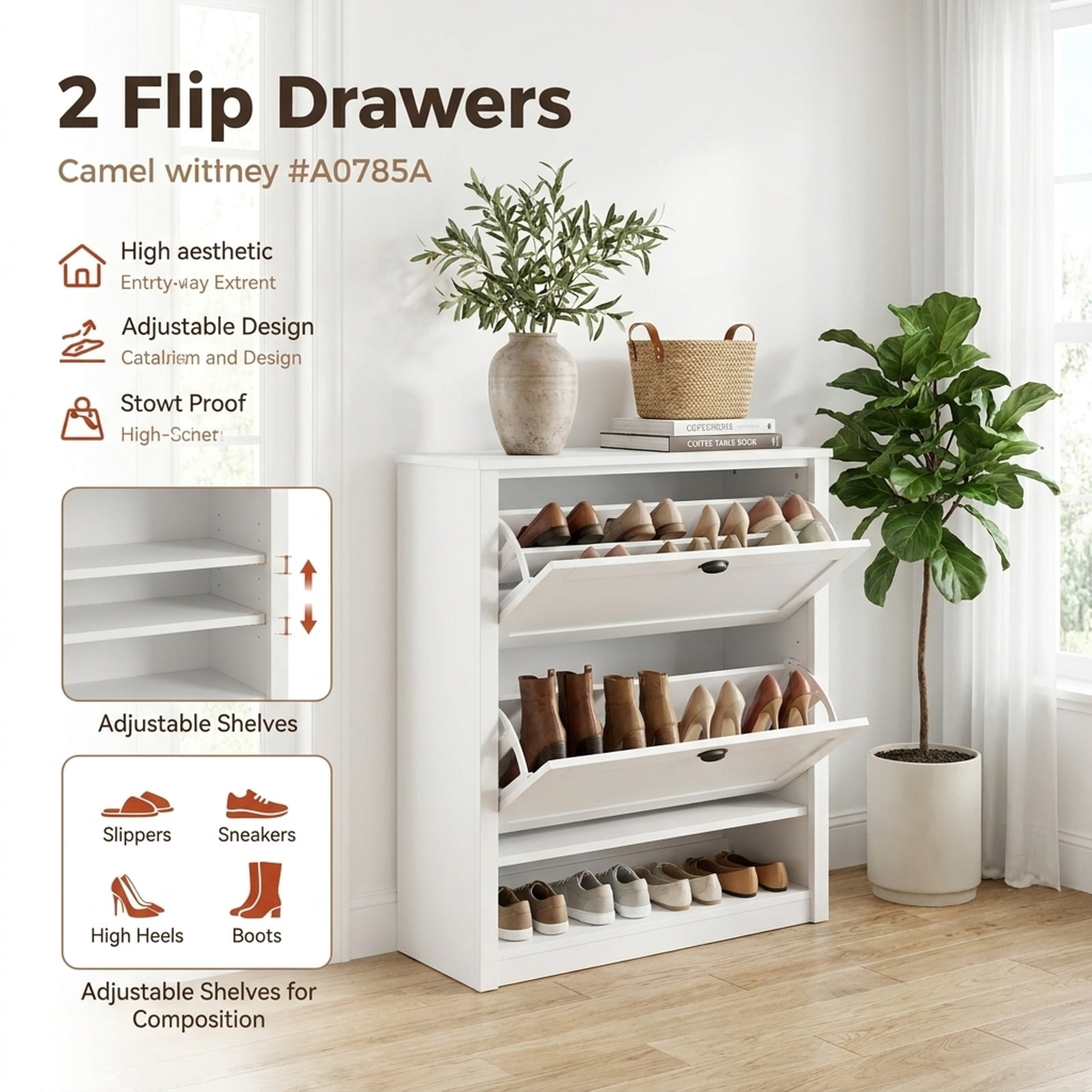Furnibear Fluted Hidden Shoe Cabinet with 2 Flip Drawers and Open Storage for Entryway Hallway and Foyer Narrow Shoe Storage Organizer, White