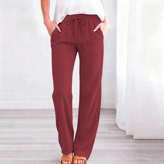 Women's Drawstring Straight Leg Pants, Texture Elastic Waist Trousers with Pockets Casual Bottoms for Everyday Travel Red Womens Dress Pants M