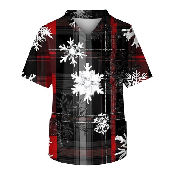 Iaqnaocc Christmas Scrub Tops Men Fashion Christmas Theme Printed Big and Tall Medical Workwear Loose Fit Short Sleeve V-Ncek Holiday Nurse Uniforms with Pocket Black 3XL
