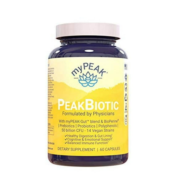myPEAK PeakBiotic: Vegan Probiotic   Prebiotic Gut Health Blend. 50 Billion CFU   14 Vegan Strains, 2-Month Supply for Digestion, Anti-Aging, Skin Care and Mood. w/Polyphenols, Quercetin, Pomegranate