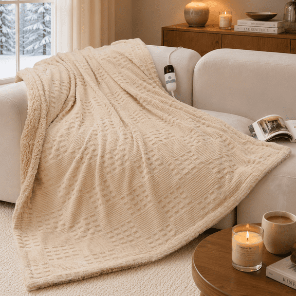 CalFancy Heated Blanket 50"x72", Oversized Electric Blanket with Ultra Soft Taffeta & Sherpa, Waffle Texture Design, 6 Heat Levels, 4H Timer, ETL&FCC Certified, OEKO-TEX Fabric, Light Brown
