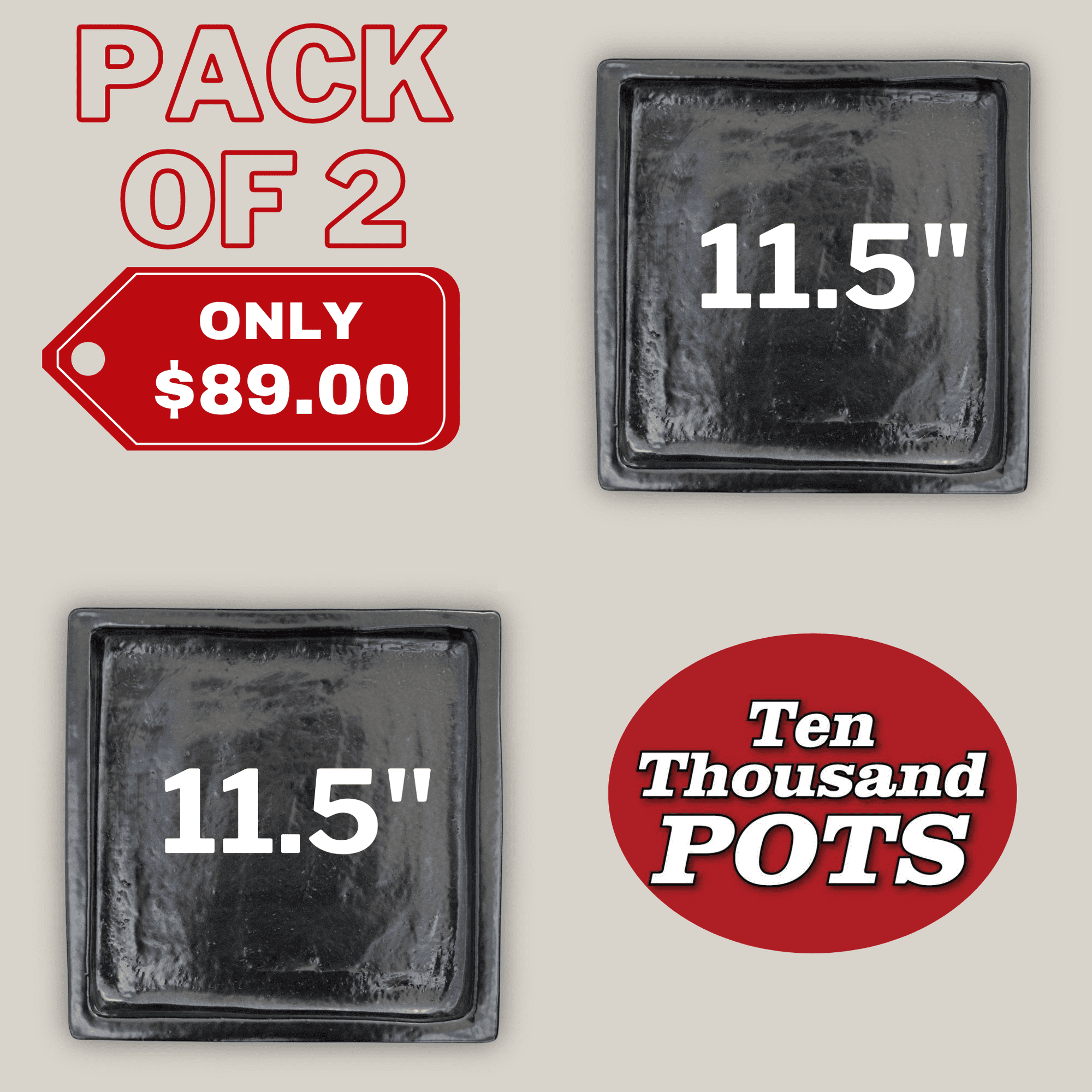 Square | Black Ceramic Plant Saucer | High Fired Ecofriendly Clay - Sizes 8"-15" - FREE SHIPPING (11.5"W-PACKOF2, Black)