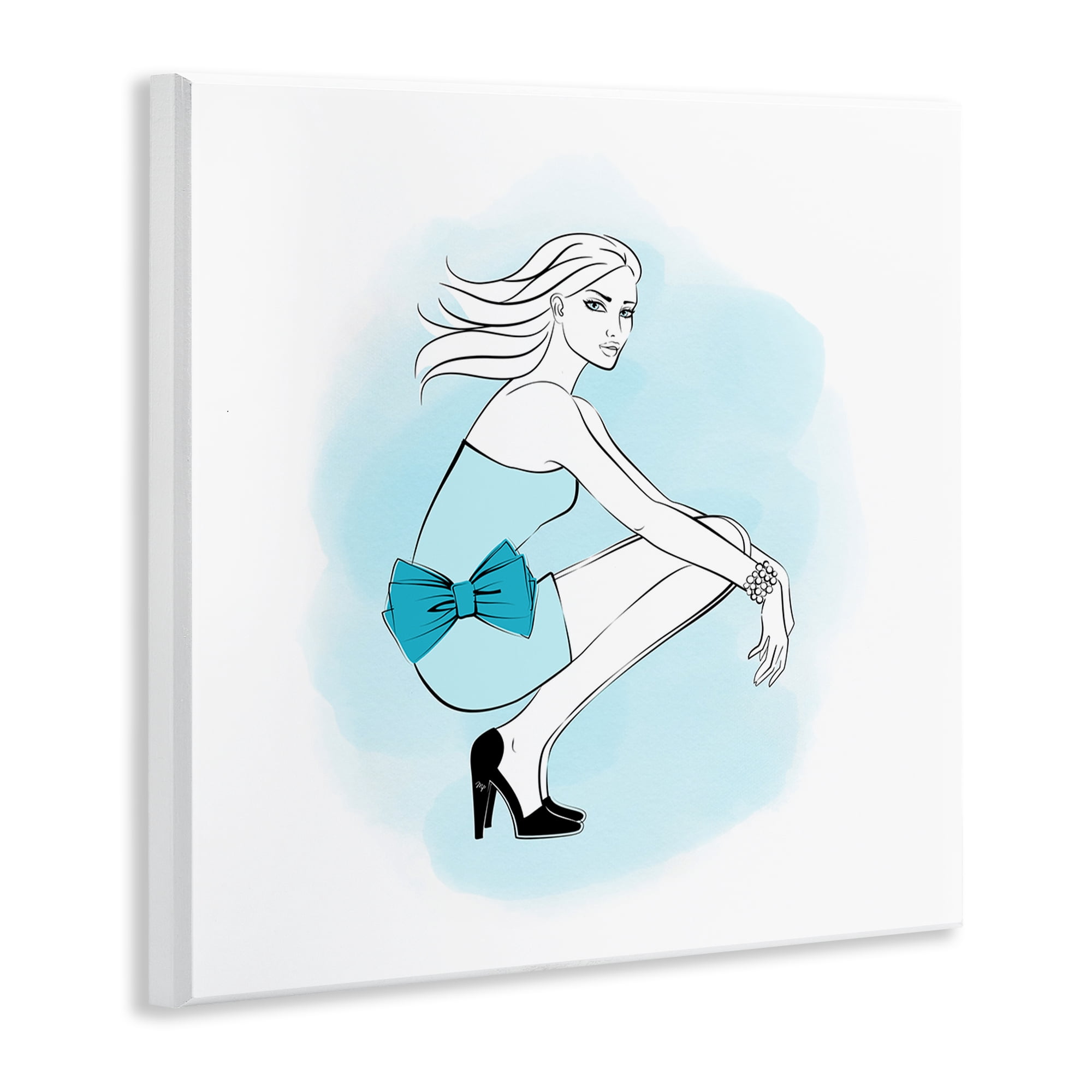 Stupell Industries Girl with Blue Bow Novelty Painting Unframed Art Print Wall Art, 12 x 12