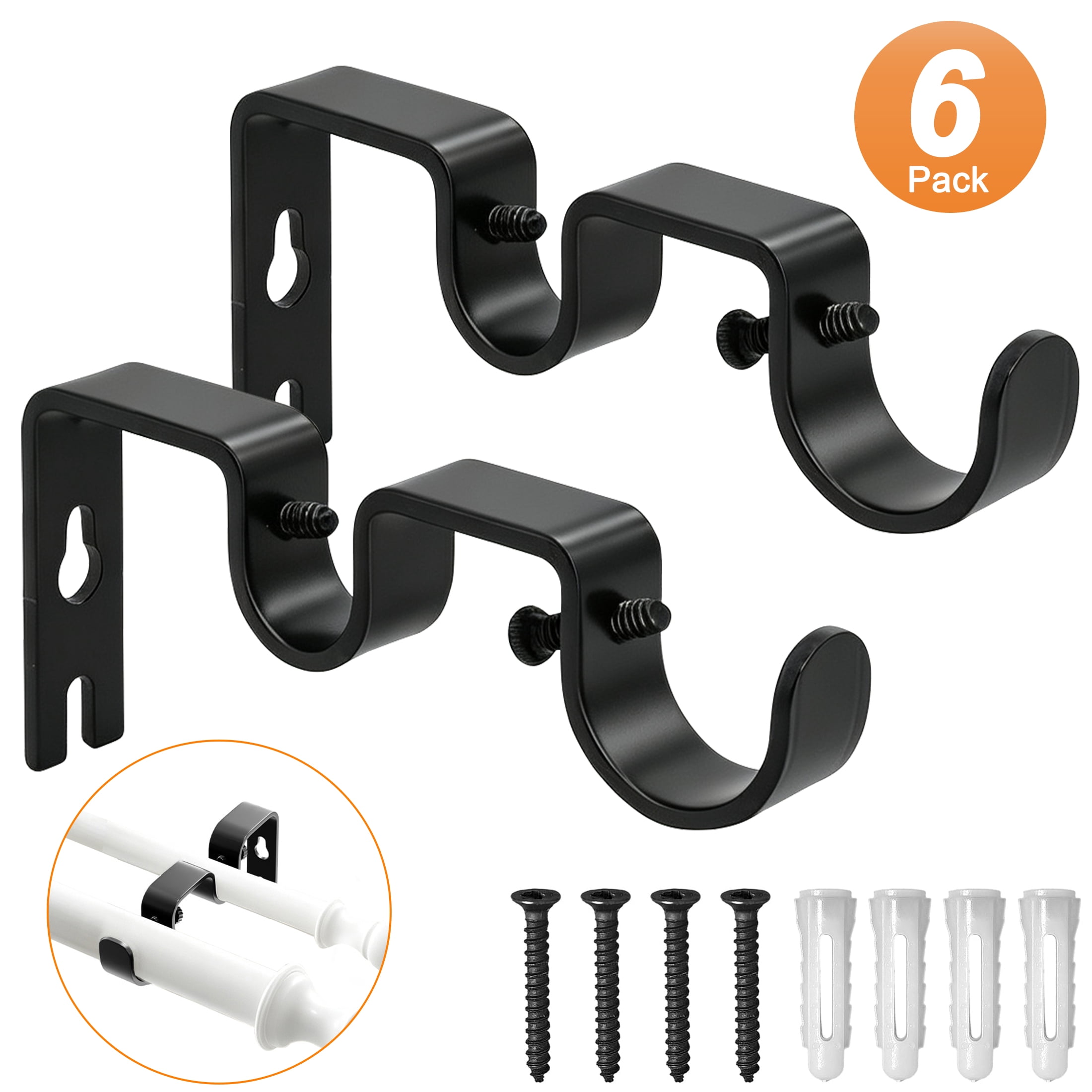 6 Pack Double Curtain Rod Brackets, Heavy Duty Black Curtain Rod Holders, Metal Curtain Rod Wall Mount Bracket for 0.7"-1.02" Rods