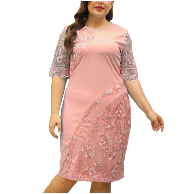Robe Midi en Dentelle Florale à Manches Mi-Longues, Col Rond, pour Femmes Grande Taille, Couleur Unie