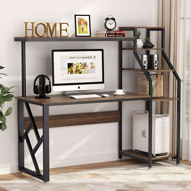 43.465 x 19.449 x 56.299. tribesigns computer desk with 4 tier storage shelves 60 inch large rustic office desk computer table studying writing desk workstation with hutch