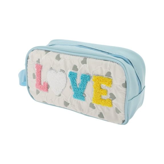 1 Pc Women Portable Side Handle Love Makeup Bag for Travel Vacation Blue White PU