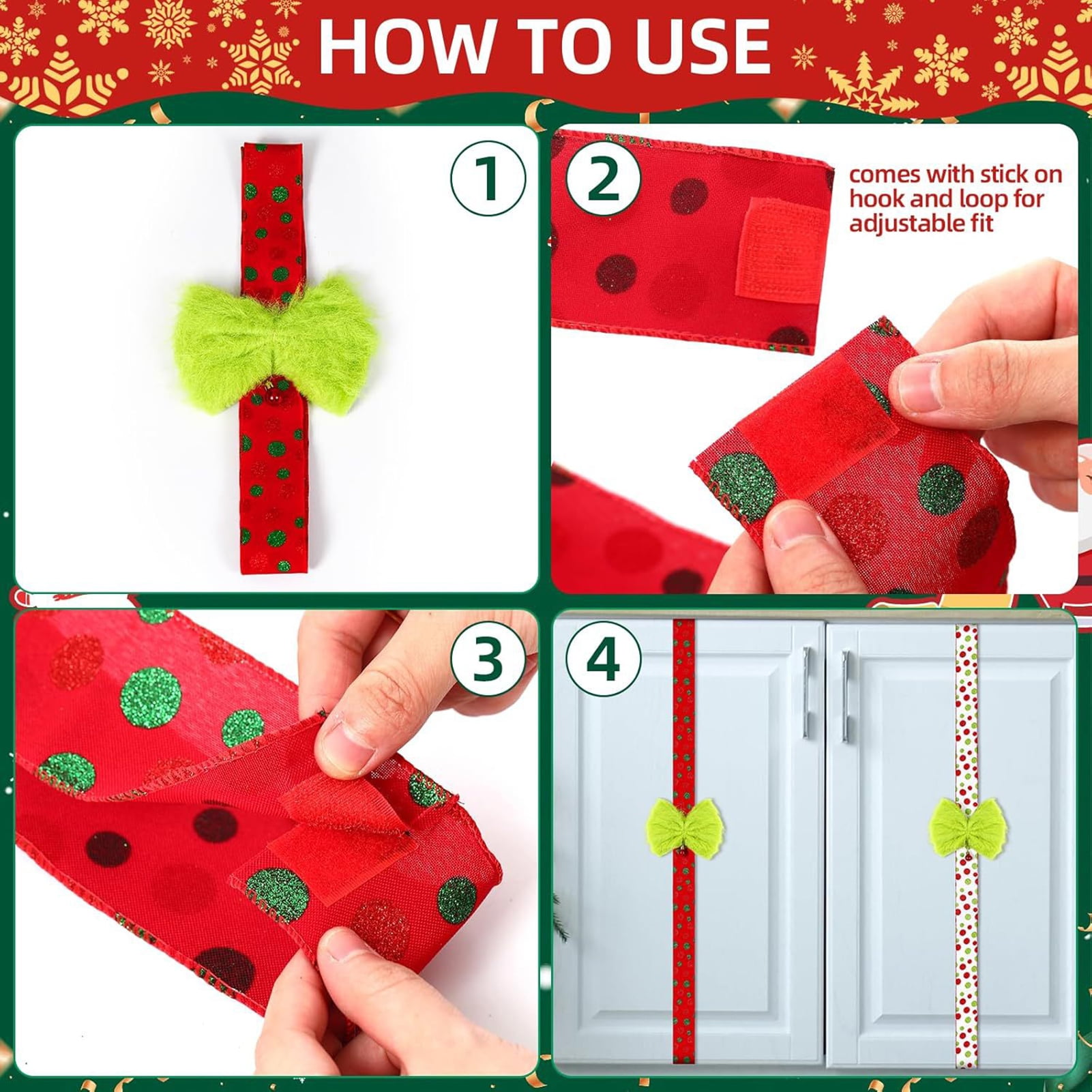 Dserfhy Green Christmas Cabinet Door Bows with Bell Plush Faux Fur Furry Bows with Dot/Striped Ribbon for Xmas Wreath Door Window Fireplace Staircase Indoor Decor
