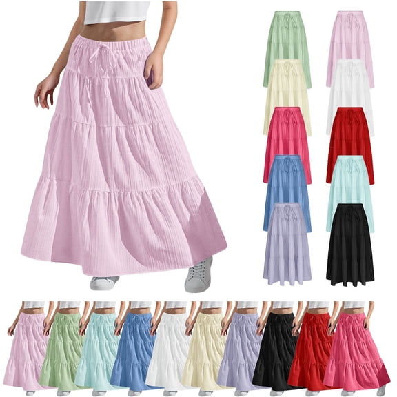 Bovxnpu Girls Skirt Girls Holiday Long Boho Maxi Skirt Flowy A-Line Skirt Elastic Waist Tiered Hem Long Maxi Skirt Beach Vacation Summer Outfits