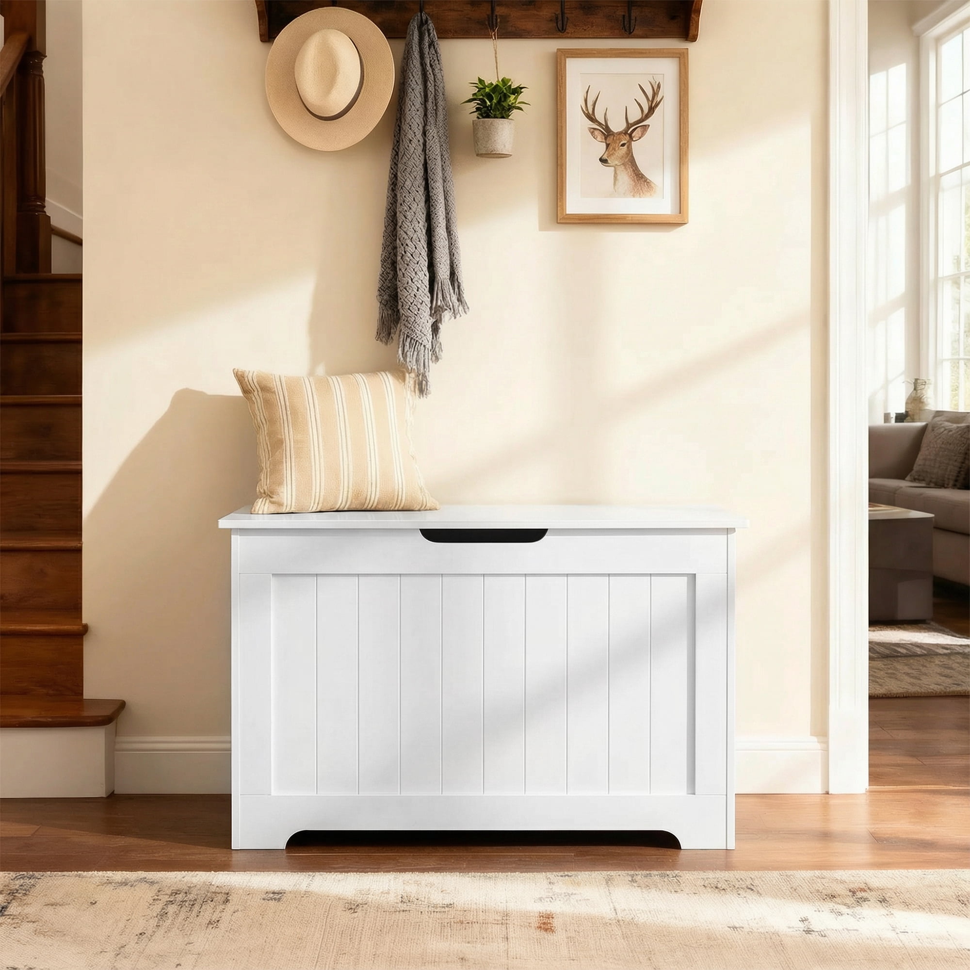 HomGarden 30'' Large Wooden Toy Chest, Kids Storage Box Cabinet W/ Safety Hinged Lid, 150L, White