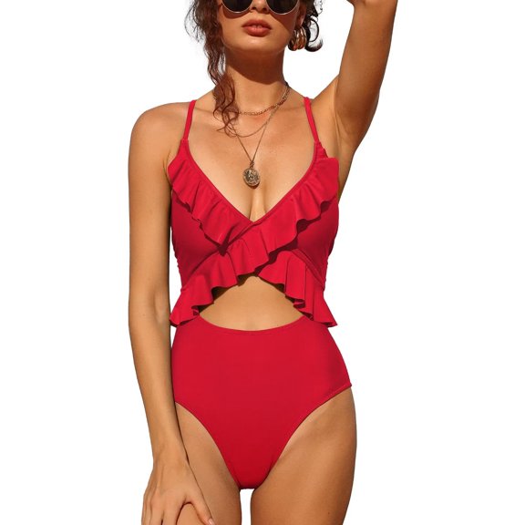 Women Ruffle V Neck Plunge One Piece Swimsuits Tummy Control Slimming Bathing Suits