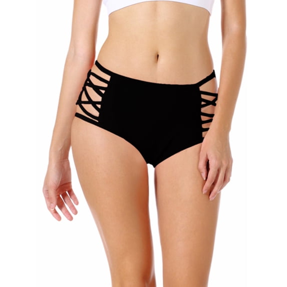 Women's Strappy Bikini Bottoms Mid Waisted Cutout Swimsuit Bottom Solid Vintage Swim Bottom