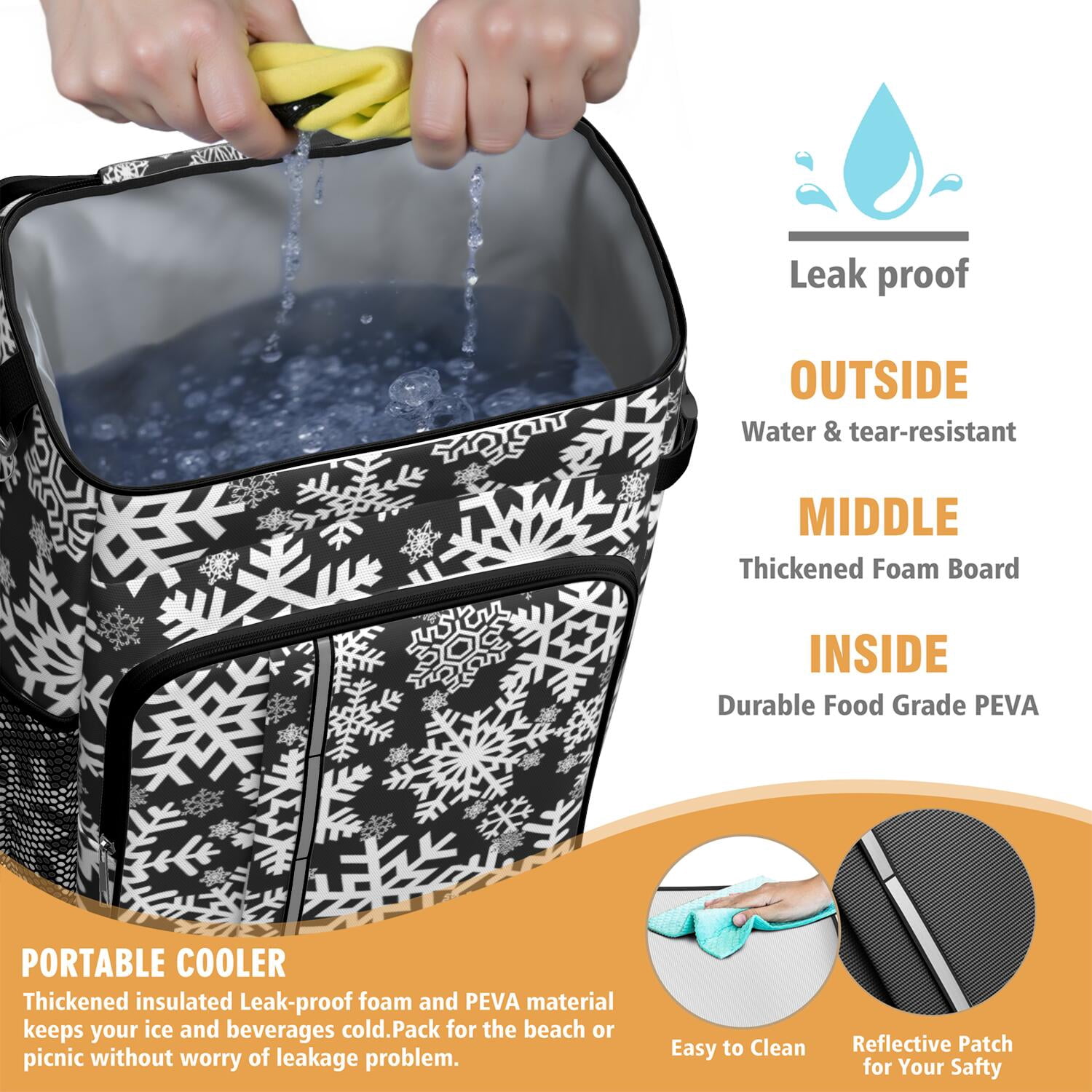 Travel Cooler Bag - Black Christmas Snowflake Pattern Camping Beer Cooler Backpack with Bottle Opener- Waterproof Insulated Picnic Backpacks - Cooler Bag for Beach