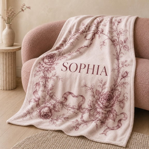 Personalized Dusty Pink Toile Ribbon Floral Sherpa Fleece 30 x 40 in Throw Blanket, Custom name, Breathable Polyester, Cozy Home Decor for Sofa Bed Couch, Personalized Gift