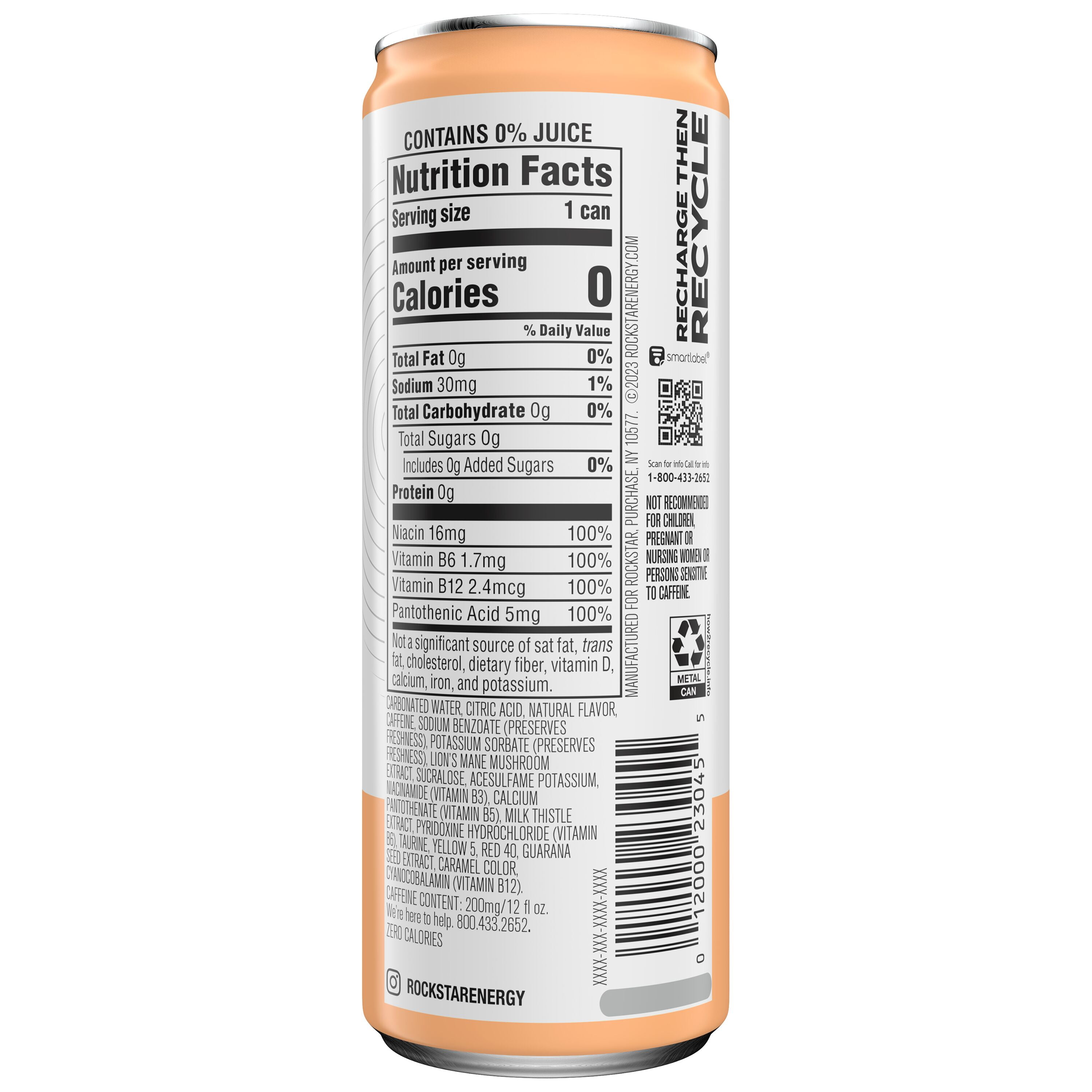 Rockstar Focus Zero Sugar Energy Drink, White Peach Flavor, Lion’s Mane, Energy & Mental Boost, 12 oz 12 Pack Cans
