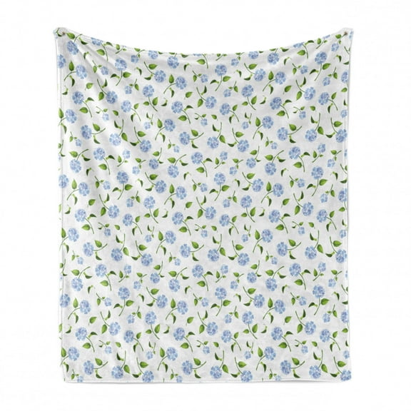 Floral Soft Flannel Fleece Throw Blanket, Watercolor Hydrangea Flowers and Leaves Composed on a Plain Background, Cozy Plush for Indoor and Outdoor Use, 60" x 80", Ceil Blue Green White, by Ambesonne