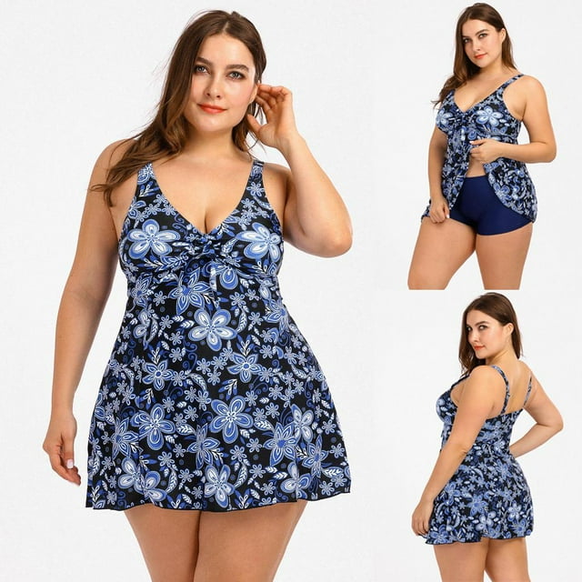 Pisexur Plus Size Tankini Bathing Suits for Women Two Piece Bathing Suits Boho Floral Printed Top with Boyshorts Tummy Control Swimming Suits