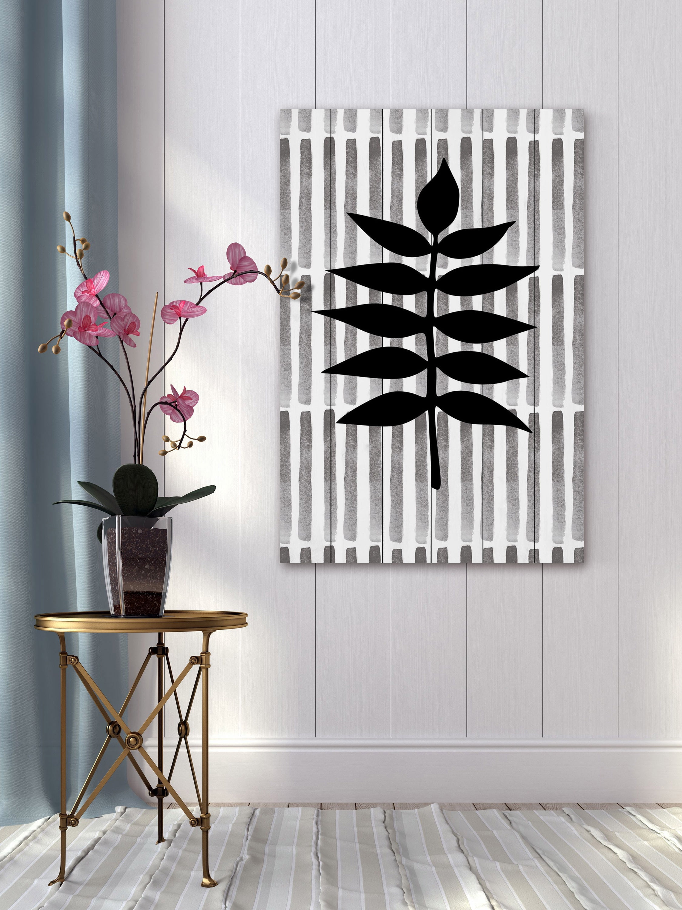 "Black Leaf 3" Painting Print on White Wood