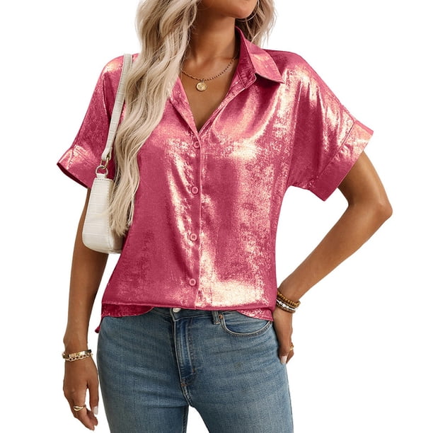 Camisa de mujer con cuello en V a la moda - Decoración con lámina dorada - Top informal de verano con vaqueros/pantalones - Ligero