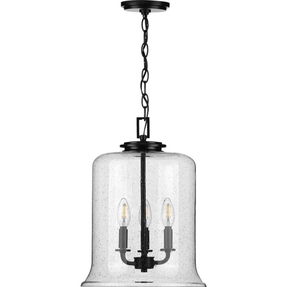 Progress Winslett 3-Light Black Pendant with Seeded Glass Shade, 12.88" Wide