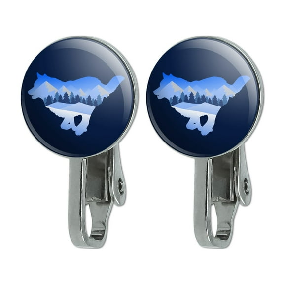 Wolf Silhouette Running Snow Scenery Novelty Clip-On Stud Earrings