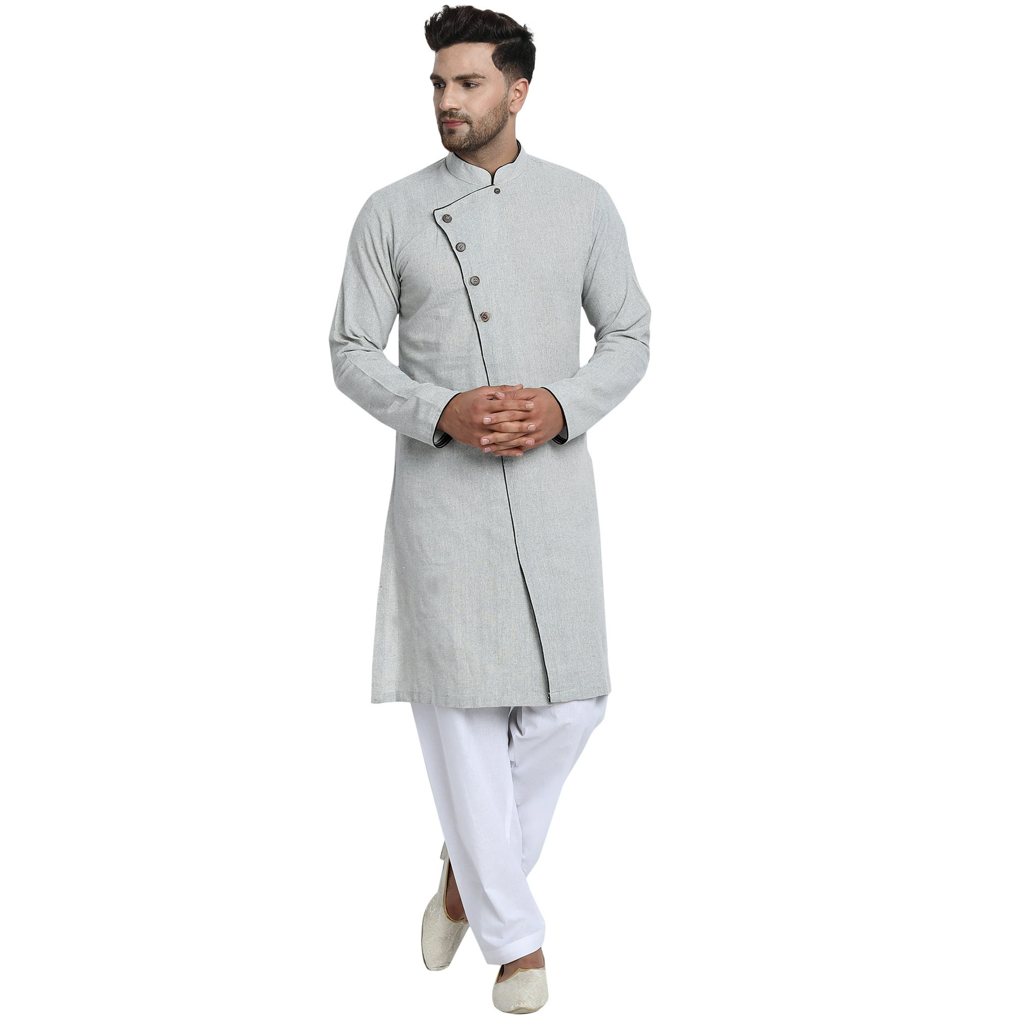 SKAVIJ Men s Kurta Pajama Set Cotton Wedding Tunic Party Dress Gray XL Walmart