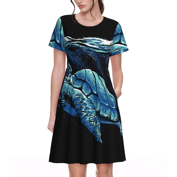Balery Ocean Turtle Vestidos sueltos de manga corta para mujer, vestidos de verano 2025, vestidos casuales de corte A con vuelo.