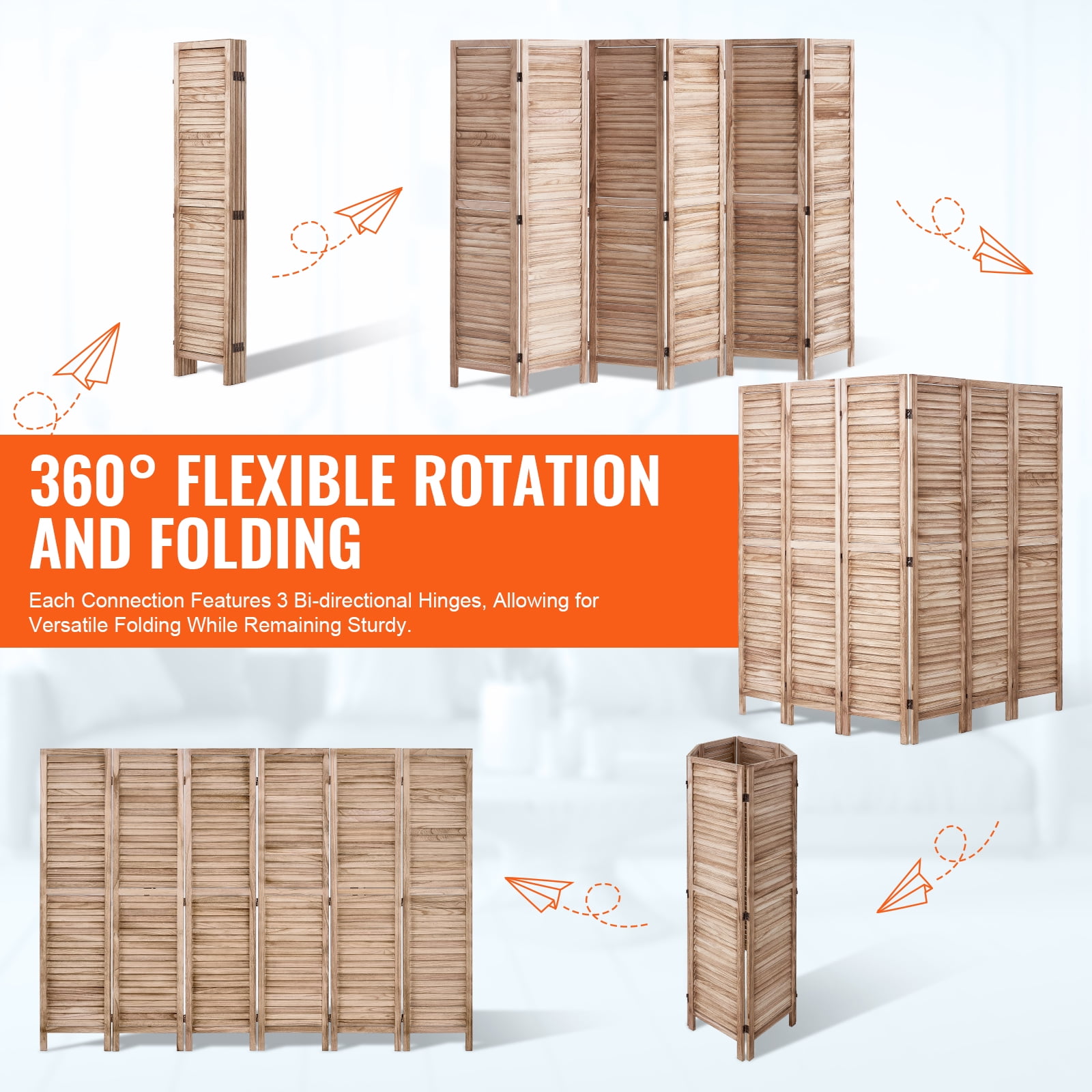 VEVOR Wood Room Divider, 6 Panel Wood Folding Privacy Screen, 66.9 Inches&nbsp;Tall Indoor Louvered Partition Divider,Portable Decoration Screen,for Room Separation,&nbsp;Office