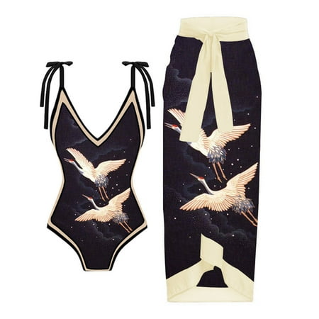 ZQGJB Womens Sexy Swimsuit with Long Chiffon Skirt Two Piece Set Summer Ruched Bikini Set Tummy Control Bathing Suit Beachwear Dress Coverups(Z09-Beige L)