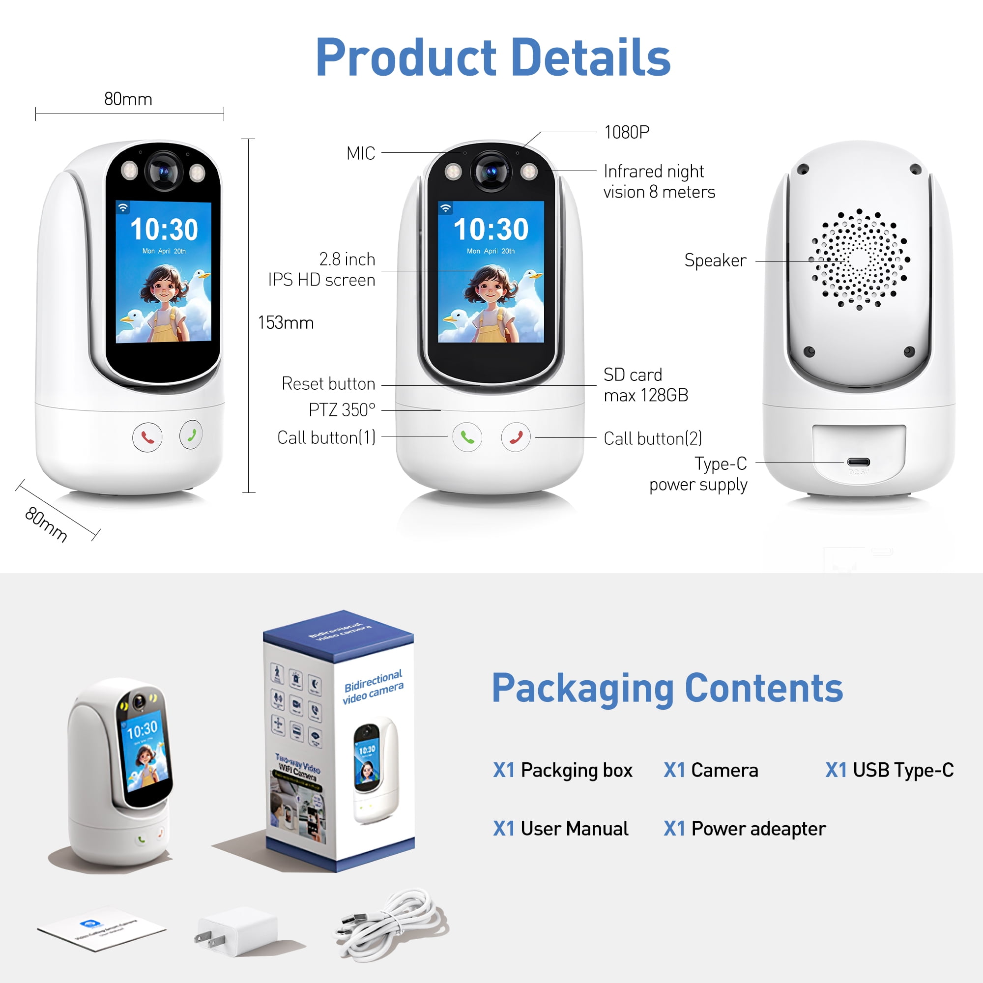 GPED Baby Monitor with Two Way Video Call, 1080P HD Wifi Home Security Camera W/ 2.8” Screen for Baby/Pet Monitor,  One-Click Call & AI Motion Detection & Full-Color Night Vision for Baby Pet Elderly