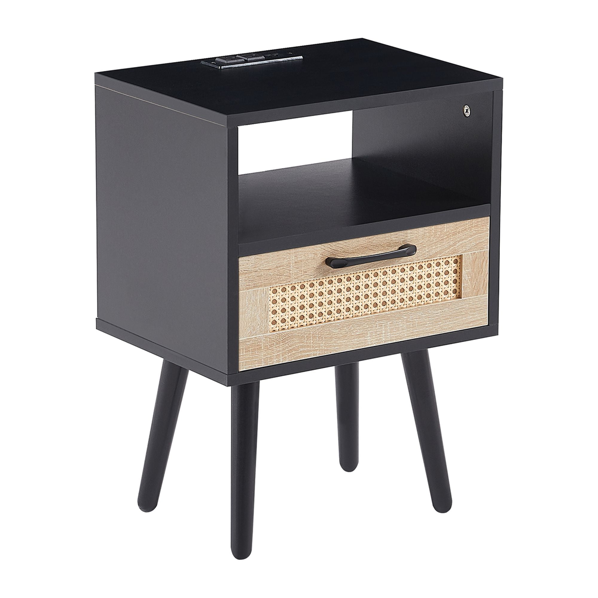 MAYEERTY 15.75" Rattan End Table with Power Outlet & USB Ports – Modern Nightstand with Drawer & Solid Wood Legs, Black