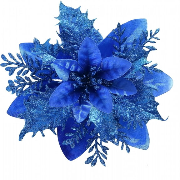 LAMIRO Christmas Glitter Poinsettia Artificial Flowers,12 Pack Christmas Tree Ornaments for Wreaths Garland Holiday Party,Xmas Decoration Poinsettia Flowers Artificial(Blue)
