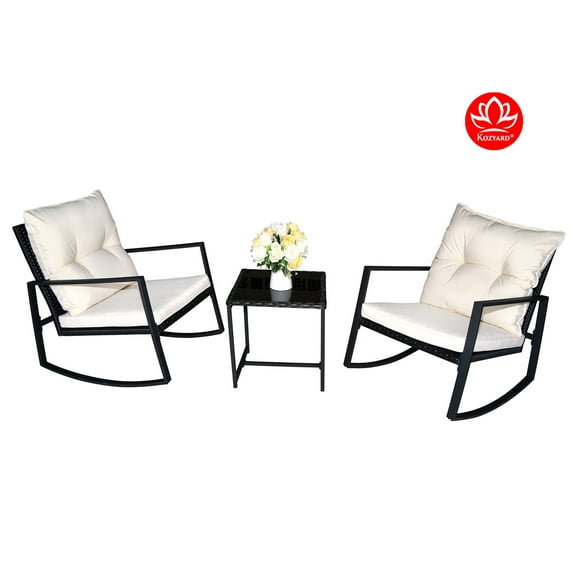 Kozyard Moana Outdoor 3-Piece Rocking Bistro Set (Black Wicker, White Cushion)
