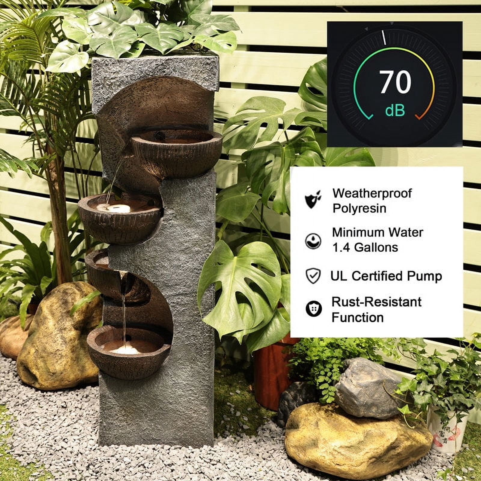Water Fountain 4-Tier Outdoor Floor Standing Fountains and Waterfalls with LED Lights and Bowls for Garden, Living Room, Patio, Home Decor