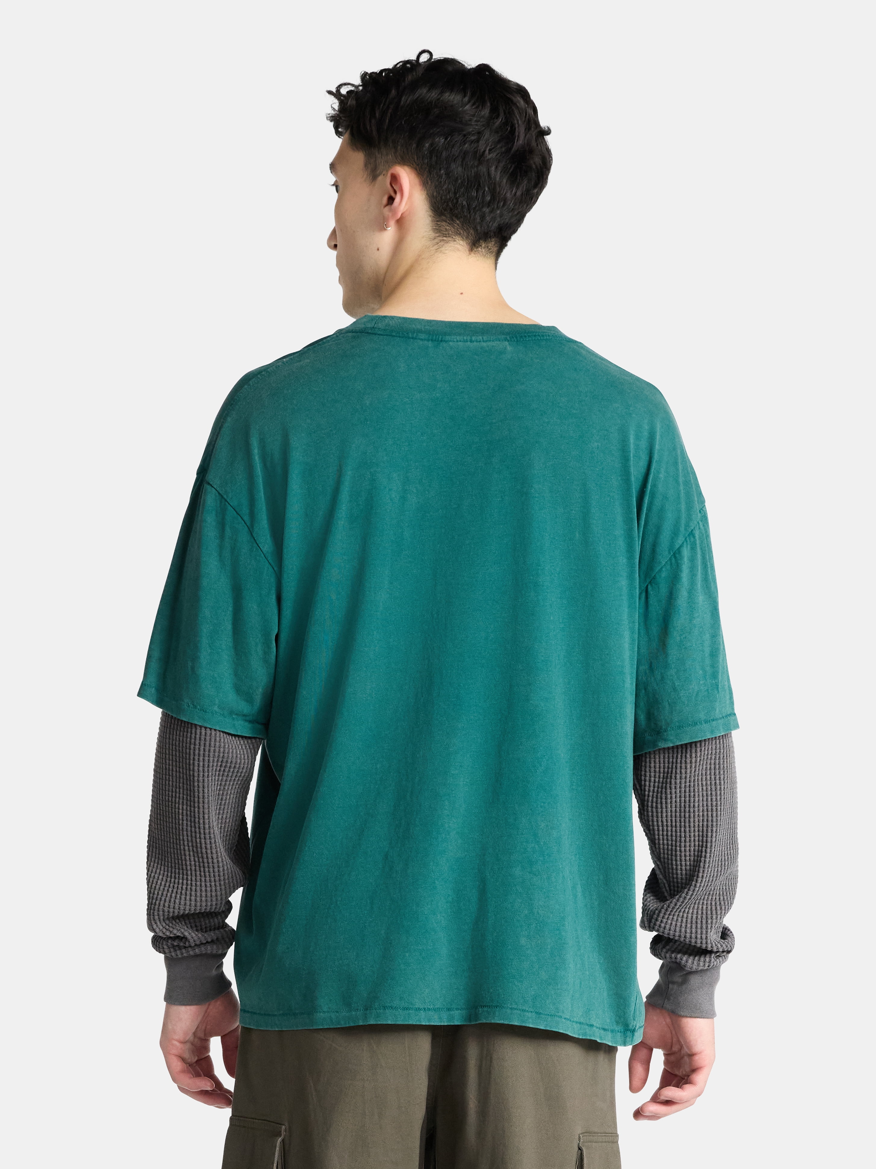 No Boundaries Cotton Washed Tee with Layered Long Sleeves, Men's & Big Men's
